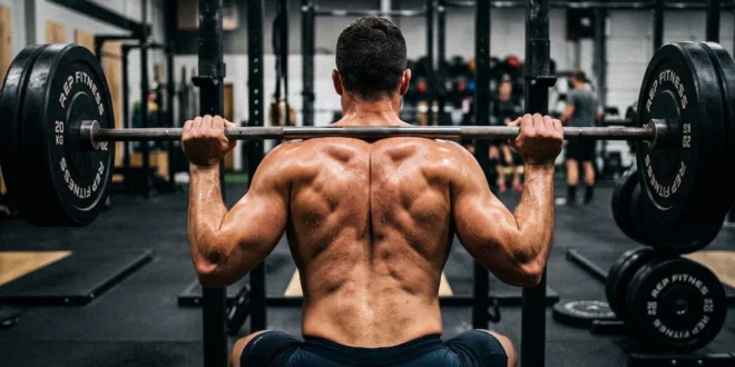 Hombre realizando entrenamiento de fuerza con barra en el gimnasio